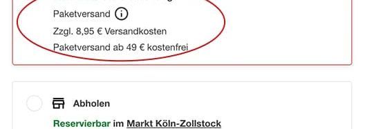 Screenshot der Versandoptionen in einem Online-Shop.